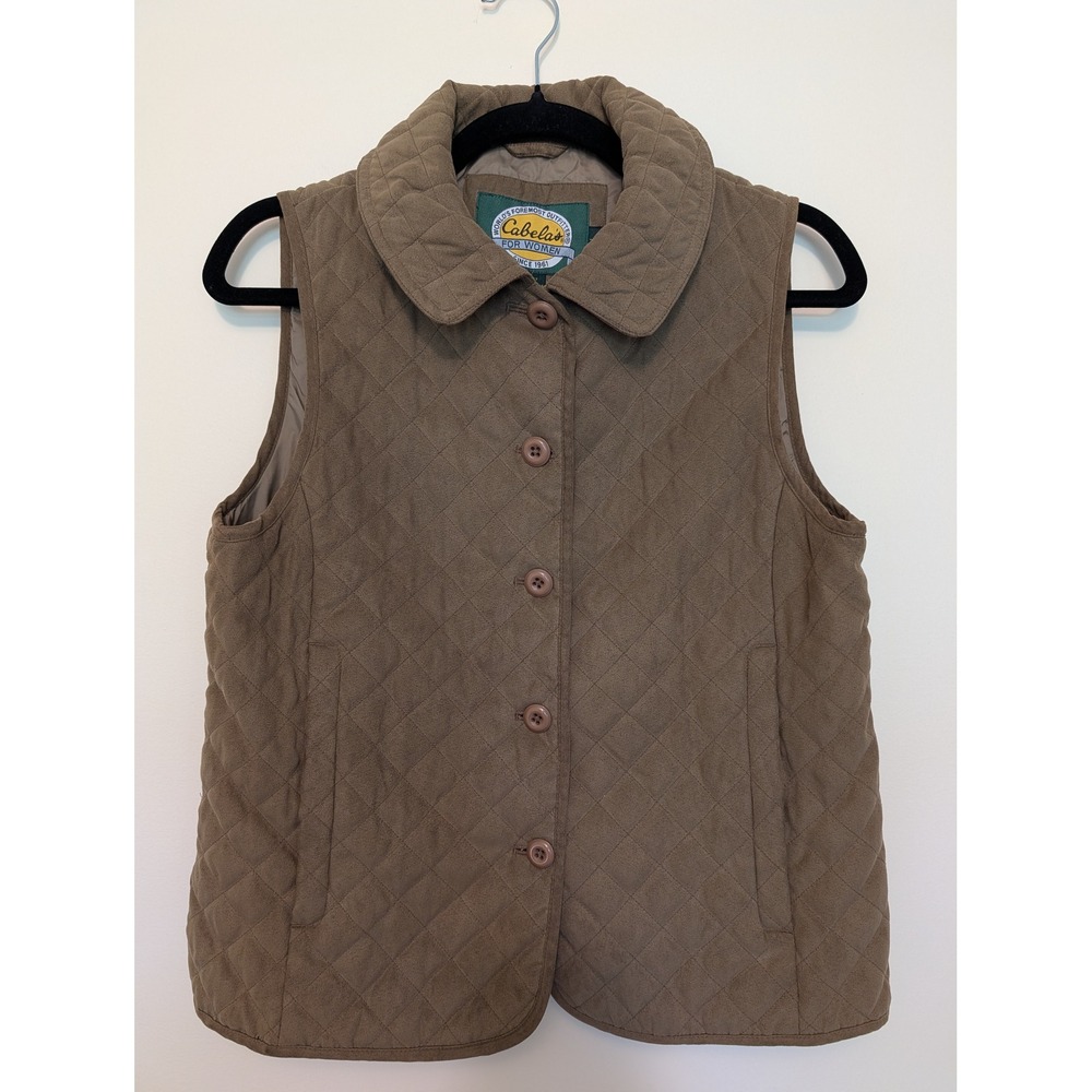 Cabela's Faux Suede Quilted Barn Vest Brown Button Front Women Size S Regular